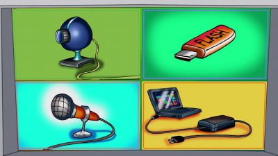 K čemu slouží nabíječka, flash disk, mikrofon a web kamera?